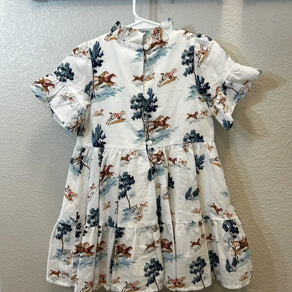 Janie and Jack Equestrian Print Dress - White and Blue - Picture 3 of 3